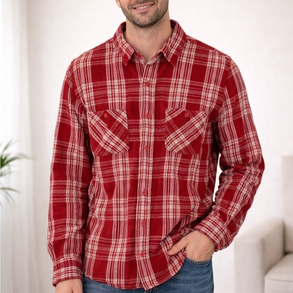 MENS LARGE SCHOTT BROS HAND CRAFTED FLANNEL BUTTON DOWN SHIRT